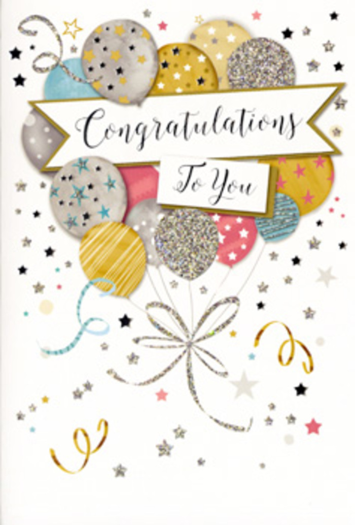 This image features a tall, portrait-style congratulations card that looks as if it has just been propped up on a hall table in a South Woodford home, perhaps beside a vase of fresh flowers. The card front is filled with an artful arrangement of celebratory balloons, all illustrated with a soft metallic sheen that suggests gentle, ambient light. The balloons range in colour from antique gold and cool silver to delicate champagne, sky blue, dusty pink, and soft grey, each one embellished with its own decorative pattern-fine pinstripes, clustered stars, or intricate glitter-like textures that evoke festive sparkle without overwhelming the design. These balloons gather together in a loose bouquet, their strings represented by slender, curling lines in bright gold and silver, flowing downward like elegant flourishes of ink. Across the middle, a curved banner stretches gracefully from one side to the other, lightly resting atop the balloon cluster. On it, in refined calligraphy, the phrase Congratulations To You stands out in flowing strokes, giving the card a timeless, thoughtful quality. Surrounding this central element, the background remains soft and uncluttered but is scattered with tiny stars, confetti dots, and graceful swirls, as if echoes of distant laughter and applause were captured on paper. The mood is joyful and polished yet warm, perfectly suited to celebrating exam results, promotions, or personal triumphs. As a florist serving South Woodford and nearby areas like Wanstead and Woodford Green, this card reminds me of the buoyant feeling when we hand-deliver a congratulatory bouquet and see a doorway fill with smiles.