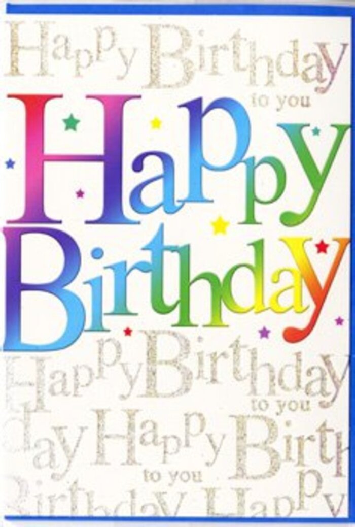 Spread out as if waiting to be paired with a bright bouquet in a South Woodford florist, this birthday card radiates pure joy and thoughtful design. The central focus is the phrase Happy Birthday, written in big, confident letters that stretch generously across the card's width. Each letter carries its own colour, forming a lively spectrum that flows from rich berry reds and magentas through warm oranges and buttery yellows into fresh greens, aquas, and deep blues, before settling into softer purples. The effect feels almost like watching the colours of a spring border in a garden off Hermon Hill, shifting from one bloom to the next. The gradient is smooth and slightly misty at the edges, giving the letters a soft, almost brushed texture rather than a harsh, hard-line graphic. Behind these jubilant letters, the entire background is layered with fine golden script repeating the gentle refrain Happy Birthday to you. The script is small, neat, and rhythmic, creating a visual pattern that hums quietly beneath the bolder text. The metallic gold ink lends a subtle sparkle, catching light with each movement, similar to how the evening sun flashes on passing cars along the South Woodford High Road. Little flecks and specks of coloured confetti, in star and dot shapes, are scattered around the script, adding a sense of motion and fun, as though someone has just tossed a handful of celebration into the air. The surface appears silky and smooth, with a slight gloss that feels luxurious yet approachable. It is the kind of card a local could easily imagine Flower Delivery South Woodford slipping into a bouquet for delivery-bright, modern, and infused with a genuine wish for a birthday that feels truly special.