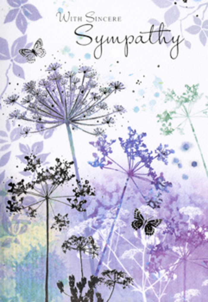 The design of this sympathy card feels like a meditative pause, the way the world sometimes slows along South Woodford's residential streets at dusk. From the lower border, slender wildflower stalks rise in graceful arcs, their fine, almost calligraphic lines drawn in shades of lavender, indigo, and powdery blue. At their tops, airy umbel-shaped flower heads open into tiny, lace-like clusters, each one spaced carefully so the composition never feels heavy. Gentle washes of muted violet, silvery green, and pale blue sweep across the background, fading into one another like distant trees and sky seen through a soft veil of morning mist near Epping Forest or on the way towards Wanstead. Among these tall, delicate forms, a couple of butterflies hover, barely defined, their wings washed with the lightest touch of colour so they seem to drift in and out of view. The lighting across the card is diffuse and low-contrast, with no sharp shadows, creating a soothing, contemplative atmosphere. There is an underlying sense of movement-the suggestion that the flowers and butterflies might be swaying in a mild breeze-yet everything remains still enough to invite quiet reflection. The palette is cool but comforting, ideal for a message of remembrance and support. As a local florist familiar with the needs of grieving families in South Woodford, I see how this artwork offers more than decoration: it becomes a gentle space to pause, breathe, and remember, an understated yet deeply caring way to send condolences that feels rooted in the calm beauty of nature.