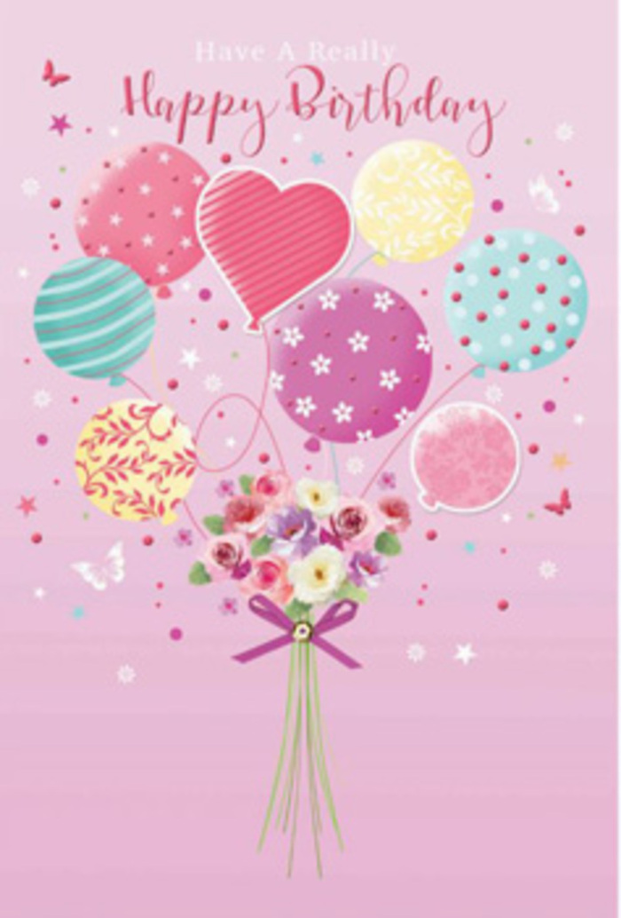 This charming birthday design looks as if it were created by a South Woodford florist who adores both flowers and festive detail. Against a serene pink background, a cluster of pastel balloons floats upward, as though ready to drift along the high street or over the gardens tucked behind homes near George Lane. Each balloon has its own personality: some are dressed in twirling candy-coloured stripes, others are dotted with playful spots, while a few carry gentle floral and swirl motifs that echo the patterns you might see in a boutique card shop. A softly glowing heart-shaped balloon sits near the centre, framing the scene with warmth and affection. The colour palette-dusty pink, seafoam green, lavender, and pale lemon-blends beautifully, giving the illustration a calm yet celebratory feel. Tethered below this airy display is a hand-tied bouquet of birthday blooms. Delicate roses and daisy-like blossoms cluster close together, their petals shaded from creamy ivory to rosy blush, with hints of mauve at the edges. The flowers appear lush and freshly cut, as if they've just been arranged for a same-day birthday delivery across South Woodford and nearby neighbourhoods. A neat purple bow gathers the stems, its satin ribbon catching soft highlights that add polish to the design. Scattered around are tiny stars and whimsical butterflies, adding a sense of movement and lighthearted magic, like catching sight of butterflies near the green spaces leading toward Epping Forest. The whole composition radiates gentle jubilation and thoughtful care, turning a simple birthday card into a miniature celebration of colour, fragrance, and love.