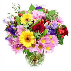 Arranged in a simple, clear glass vase against a pure white backdrop, this mixed bouquet looks like a small garden gathered at the peak of its beauty. Deep, velvety red roses form the emotional centre of the design, each petal curling inward with the classic romance that many in South Woodford choose for birthdays, proposals, and meaningful apologies. Around them, bright yellow gerbera daisies with dark, warm centres introduce a burst of sunshine, their bold faces lifting the mood much like a stroll through nearby Wanstead Park on a clear morning. Soft pink and lilac daisies or chrysanthemums cluster generously throughout, their numerous fine petals creating a cushion of colour and volume that softens the stronger tones. Interlaced among these are elegant lisianthus blooms in shades of purple and lavender, their bell-shaped flowers and gently ruffled edges bringing a cool, almost whispering refinement to the mix. Scattered sprigs of red hypericum berries punctuate the arrangement with round, glossy accents, lending a modern texture that contrasts nicely against the petals. A variety of lush green foliage, from dark, substantial leaves to light, airy sprigs, frames the flowers and gives the bouquet a freshly picked, countryside feel, even though it's expertly crafted just moments from South Woodford station. Through the vase, you can see straight, carefully trimmed stems immersed in clear water, a quiet testament to the florist's precision. The composition radiates joy and warmth, ideal as a centerpiece for a family gathering off George Lane or as a thoughtful gift delivered across E18, bringing colour, gentle fragrance, and a sense of celebration into any local home.