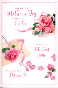 This Mother's Day card is illustrated like a florist's display carefully arranged on a white countertop, the whole scene awash with soft, tender pinks. At the centre and flowing towards one corner, clusters of lush pink roses unfurl, their velvety petals layered so intricately that they almost appear three-dimensional, as if you could lean in and catch their fragrance. Some blooms are a pale, powdery blush, while others glow with a richer rose hue, giving the artwork the depth of a freshly composed arrangement waiting in a South Woodford flower studio. Around the main bouquets, stray petals are scattered with an effortless grace, like confetti left on the pavement after a family celebration near South Woodford Station. These petals, some curled gently at the edges, create a feeling of movement and fleeting moments, evoking memories of past Mother's Days and quiet cups of tea shared at home. Threaded through the flowers, elegant, swirling calligraphy spells out a heartfelt greeting, the ink lines flowing like stems and vines, visually embracing the roses. A soft ribbon motif gently loops around the largest cluster, suggesting the final flourish a local florist would add before handing over a bouquet for same-day delivery across the E18 area. The lighting feels diffused and calm, casting no harsh shadows, instead bathing the pink and white tones in a flattering glow reminiscent of a bright but gentle morning along Woodford High Road. This card's design balances visual romance with sincere emotion, perfectly mirroring the love and appreciation many in South Woodford feel when choosing something special for Mum.