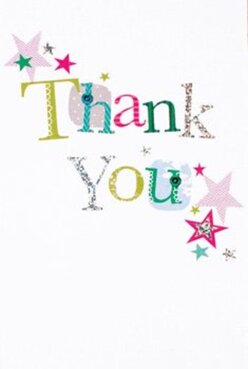 This thank you card radiates joy with its jubilant arrangement of colours and friendly design, the kind of card you'd expect to find tucked atop a bouquet coming from a thoughtful florist near South Woodford's bustling High Road. The words 'Thank You' stretch confidently across the page, every letter stitched in a medley of lively hues-lime green, rich magenta, tranquil blue-each carrying its own unique pattern: some flecked with playful polka dots, others brushed with a glimmer of silver that gleams when the light catches, like morning sunshine bouncing off Epping Forest's trees. Sprinkled stars in tones of teal, warm pink, and golden yellow gather around the edges, their scattering recalling the festive spirit of a Woodford street fair. There's an inviting tactile quality-imagine running fingertips gently over slight embossments and raised glitters, the card's surface textured like a well-loved hand-tied ribbon. The white background is pristine and airy, giving every element room to dance and letting the design sing with gratitude. Perfect as a finishing touch for a thank you bouquet, this card's blend of creativity and sincerity mirrors the artistry of local South Woodford florists who always consider the recipient's delight.