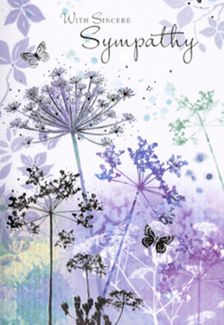 This sympathy card shows a tranquil, painterly scene that feels as calm as an early morning in South Woodford before the streets fully wake. Tall, slender wildflower stems, topped with lace-like umbels, reach upwards in silhouettes of lavender, dusky violet, and soft blue-grey. Their shapes are fine and intricate, each bloom composed of tiny dots and lines that look hand-sketched, then softened with watercolour. The base of the design is a wash of pale, silvery green and muted purple, gently blending like distant hedgerows seen through light mist near the edge of Epping Forest or in a quiet corner off Hermon Hill. Floating among the flowers are delicate butterflies, painted with near-transparent wings so faint they appear to shimmer, suggesting transformation and the presence of loved ones remembered. The background is intentionally blurred, with gentle gradients and diffused light, giving the impression of space and air around the flowers, as though they sway in a still, silent field. There is no clutter, only open calm, allowing the viewer to rest their eyes and thoughts. The artwork carries an emotional softness, like a whispered message of comfort. As a florist used to helping families in South Woodford choose the right expression of sympathy, I recognise the tender intention in this design: it offers a quiet, respectful way to say "I'm thinking of you," holding sorrow and hope together in delicate colour and form.