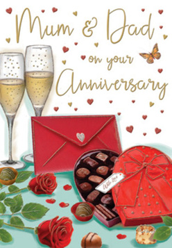 Romantic anniversary card illustration showing an intimate celebration styled much like a special evening at home near George Lane in South Woodford. The focus is on two champagne flutes standing close together, their slim stems almost touching, as if mirroring a long-married couple. Inside each glass, golden champagne fizzes softly, tiny bubbles suspended mid-rise, catching a glow that feels like candlelight after sunset over nearby Wanstead Flats. Just in front of the flutes rests a heart-shaped box of chocolates in a rich red hue, the lid partly open to display carefully arranged chocolates, each one round, glossy, and utterly tempting. A bold red satin bow ribbons across the box, its folds full and luxurious, adding a sense of indulgence and occasion. On the tabletop lie two deep red roses, their petals layered and velvety, framed by fresh, slightly glossy foliage that recalls a florist's hand-tied anniversary bouquet. Around the main elements, stylised gold and crimson hearts drift across the card, gently surrounding hand-lettered wishes to "Mum & Dad," lending a personal, family-centred touch. A vibrant scarlet envelope sits to one side, perfectly sealed and suggesting an affectionate message waiting to be opened, perhaps after a celebratory meal delivered with flowers from a trusted South Woodford florist. The lighting is soft and warm, giving every surface-from the glass to the chocolate-a subtle sheen. The whole composition feels like a snapshot of a treasured moment: the clink of glasses, the scent of fresh roses, the shared sweetness of chocolates, and the quiet pride of marking yet another year of enduring love.
