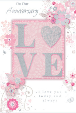 The image presents a refined anniversary card that radiates quiet elegance, as if created by a South Woodford florist who understands both romance and restraint. At its heart, the word "LOVE" appears in bold, raised letters, the surface dusted with a fine veil of glitter that shimmers softly in silver and blush-pink tones. The letters form a tactile centrepiece, inviting a gentle touch much like the texture of a luxury ribbon tied around an anniversary bouquet. Behind and around this central word stretches a field of soft, powdery pink, its tone even and calm, echoing the peaceful charm of tree-lined streets near Eagle Pond. Across this blush backdrop, an intricate pattern of illustrated flowers, leaves, and curling vines sweeps gracefully from corner to corner. The blooms are stylised rather than photographic: petals outlined in delicate greys and pearly whites, with highlights of blush and hints of silver foil that gleam when the light moves, reminiscent of early evening reflections on shop windows along George Lane. The floral swirls cluster loosely around "LOVE," creating the effect of a hand-tied arrangement radiating outward from its centre. Fine linework gives each leaf and petal a sense of care and craftsmanship, like a florist planning each part of an anniversary display. Elegant scripted text rests nearby, conveying warm wishes for continued affection and shared memories, the strokes of the letters slightly curved and flowing, never harsh. The overall impression is one of softness, sophistication, and sincerity, making the card feel like a keepsake suited to a couple celebrating their journey together in South Woodford, surrounded by gentle beauty and thoughtful detail.