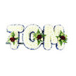 A compassionate memorial piece spells out the name TOM in three-dimensional letters built from dense, pillowy white chrysanthemums. Each letter reads as a soft, tactile surface of tiny petals packed closely together, their matte white texture catching a cool, diffused light against a plain white backdrop. The edges of T, O and M are crisply framed with a royal blue ribbon that traces every curve and angle, giving the tribute a refined silhouette and a dignified depth. Nestled into the centre or lower sweep of each letter is a small, symmetrical spray: a single deep red rose takes the focal place in every cluster, its velvety bloom suggesting enduring love and quiet sorrow. Around those red hearts sit creamy ivory spray roses, delicate buds and slender fern fronds that add feathery green contrast and a soft scent of leaf and earth. A thin dark green or black metal support bar is discreetly visible beneath the base, holding the letters upright for display at a funeral service or graveside. The overall mood is one of respectful calm-pure whites for comfort, royal blue for clarity, and red roses for personal remembrances-crafted with the careful hand of a funeral florist. I imagine this piece brought into a bright chapel on a gentle morning, the petals offering a quiet tactile consolation to family and friends as they gather to remember a life, the arrangement's balanced proportions and understated colours lending a sense of order and honour to the farewell.