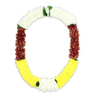 A single floral garland hangs in a gentle U-shape against a spotless white background, its colours and textures telling a story of remembrance and respect that feels at home in South Woodford's calm, tree-lined streets. Crafted from countless tiny blossoms, the garland appears dense and luxuriously full, each petal carefully placed so that no gaps disturb the flow. Along the top, a band of immaculate white flowers stretches in a smooth arc, their small, rounded heads resembling clusters of jasmine or miniature chrysanthemums, offering a sense of purity and spiritual stillness. Moving downward along each side, the palette shifts into deep maroon and reddish-brown flowers, their tones rich and earthy, carrying the quiet weight of grief, love, and longstanding family ties. At the base of the garland, the colour brightens into a sweeping band of golden yellow, bringing warmth and a subtle feeling of hope, like afternoon light over South Woodford Green. Slim accents of green leaves are positioned where each colour section meets, acting like commas in a sentence, slowing the eye and adding a natural, living touch. The lighting is soft yet clear, highlighting the intricate textures-the plush whites, the velvety reds, the sunny yellows-so that the craftsmanship and care behind the design are unmistakable. This traditional-style garland, often used in South Asian and Southeast Asian funerals and spiritual rituals, would serve as a meaningful tribute for a farewell ceremony or memorial gathering in and around South Woodford, symbolising honor, blessing, and the enduring circle of life.