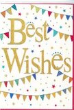 In this image, a celebratory Best Wishes card glows with cheerful sophistication, reminiscent of a joyful gathering in South Woodford where bunting might flutter above a quiet residential street. At the centre, the phrase Best Wishes is written in elegant, flowing script, the letters formed from radiant gold that appears subtly raised from the surface. The gold has a gentle sparkle, suggesting fine glitter or foil that shimmers against the pristine white background. This crisp whiteness keeps the overall look bright and contemporary, and allows the golden words to become the undeniable focal point. Embracing the message are curved lines of hanging bunting positioned above and below, resembling festive pennant strings stretched across a garden near George Lane or over a terrace close to the High Road. Each small triangular flag is painted in a lively palette of blues, reds, greens, yellows, and pinks, some purely solid, others enlivened with light-hearted details such as delicate stripes or dots. Sprinkled in between these bunting strands are tiny stars and circular confetti marks, echoing the same vibrant colours and adding a sense of motion, as though a gentle breeze were stirring the decorations. The confetti and starbursts are finely spaced, never crowding the scene, so the design retains an air of refined celebration rather than chaos. The mood is upbeat, warm, and inclusive-ideal for sending congratulations or encouragement for new ventures, whether it's a first flat near South Woodford station or a promotion celebrated with flowers delivered locally. The card's blend of shining gold script and playful bunting captures the heartfelt joy of sharing good news.