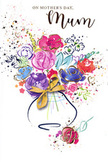 Vibrant Mother's Day card design showing a lively, hand-painted bouquet that seems to burst from the page, echoing the energy of South Woodford on a crisp spring day. The flowers, rendered in swirling watercolour, range from lush purples and playful pinks to serene blues and warm reds, each petal outlined or accented with fine indigo strokes that lend a sketch-like charm. Scattered among the blossoms are soft hints of apricot and fresh green foliage, their colour bleeding gently into the background in classic watercolour fashion. Delicate gold accents trace certain petals, leaves, and tiny heart shapes, adding a subtle shimmer similar to light catching metal railings along nearby Roding Valley paths. The bouquet is gathered into a simple, curved vase towards the bottom of the card, its shape suggested through gentle shading and crowned with an elegant golden bow that recalls the satisfying final knot tied by a florist before a bouquet leaves the shop for local delivery. Around the arrangement, flecks of colour and small splashes of paint appear like petals drifting in the air, suggesting a festive, joyful mood and the excitement of preparing for Mother's Day. The white background allows every hue to stand out clearly, creating a feeling of airiness and warmth that mirrors the comfort and appreciation shared between mother and child. The whole image suggests a florist's careful curation translated into paint, every brushstroke radiating affection and artistry.
