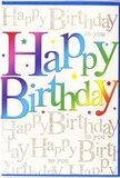 This birthday card looks like a pocket-sized celebration laid out under soft indoor light, the sort of design that might be propped beside a vase of fresh flowers in a South Woodford living room. The main greeting, Happy Birthday, is written in large, rounded capital letters that dominate the centre of the card. Each letter is filled with a smooth wash of colour, moving through the full rainbow-from deep, juicy reds to glowing oranges, lemon yellow, vivid grass green, aqua, royal blue, and gentle violet. The colours blend seamlessly where they meet, creating the impression of a soft gradient rather than harsh blocks, a bit like watching the colours shift in a sunset over nearby Eagle Pond. Around and behind this central phrase, the background is completely covered in a delicate gold script that repeats the words Happy Birthday to you. The script is tiny and flowing, like lines of a favourite song written again and again, forming a shimmering backdrop that doesn't compete with the bold lettering but enhances it. The gold ink catches the light in fine, scattered highlights, similar to the glimmer of fairy lights seen through a shop window on George Lane. Small, scattered stars and dots in coordinating colours are sprinkled across the surface like confetti, giving the whole card a sense of movement and joyful energy. The card's finish appears sleek and slightly glossy to the touch, suggesting a quality print that feels special to hold. Overall, it's a modern, colourful birthday card that would pair beautifully with a hand-tied bouquet delivered anywhere across South Woodford, adding an extra layer of sparkle to someone's big day.