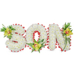 A carefully sculpted three-dimensional floral tribute spells out the letters SON in bold block form, each letter entirely cloaked in small, pristine white chrysanthemum blooms so tightly packed they read like soft, clouded panels. The chrysanthemums' round, vellum-like petals create a serene, matte surface that catches soft studio light, lending the composition a quiet purity. Around the whole perimeter of every letter a scalloped border of vivid red ribbon is methodically looped and pinned, its satin sheen and rhythmic curves providing a stark, dignified contrast to the snowy blooms. At three focal points-upper left of the S, the base of the O, and the upper right of the N-clusters of yellow-green Cymbidium orchids settle among glossy green leaves and delicate fern fronds. Each orchid shows a pale lime-yellow petal with a warm reddish-brown throat, their waxy texture and subtle scent adding a gentle, comforting note against the muted white. Long, slender foliage lifts the silhouette, giving the N a graceful verticality and the arrangement a sense of natural movement beyond the strict letterforms. Photographed against a plain white backdrop, the design reads as both an elegant object and an intimate message of remembrance. This piece is intended as a personalised funeral tribute or graveside display for a beloved son, offering a balance of purity, love, and courage through its white chrysanthemums, the red ribbon's symbolism, and the hopeful green of the orchids. As a local florist familiar with South Woodford and neighbouring Wanstead, I imagine this arranged with quiet care for families gathering near George Lane or the nearby Roding Valley Park to remember someone dear.