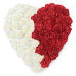 From an overhead perspective, a large heart-shaped composition of tightly clustered carnations sits against a pristine white backdrop, each bloom arranged to form a rich, tactile surface. The left half is a field of soft, off-white and creamy carnations whose ruffled petals nestle together to create a plush, cloud-like texture that seems to hush the room. The right half answers with dense, velvety red carnations, their deep crimson faces and layered edges lending warmth and a quietly urgent intensity. The two colour fields meet in a deliberate vertical seam, a slightly undulating border that reads as both a gentle divide and a unifying line, suggesting dual feelings-comfort and passion, memory and celebration. Light from above softens the petals' shadows, revealing the delicate crinkles and whisper-fine veins of each blossom and suggesting the faint, spicy-sweet scent of fresh carnations. The craftsmanship is precise yet organic: each bloom placed to maintain a continuous heart outline while allowing the natural irregularities of petals to create depth and movement. To a viewer in South Woodford this arrangement would feel fitting for moments of civic pride at a local ceremony or for a quiet memorial in a family home near George Lane, capturing both communal identity and intimate remembrance. The overall impression is one of considered devotion, a floral embrace that balances softness with fervour and offers a dignified, sensory tribute rendered in two striking, complementary colours.