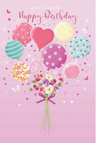 A whimsical birthday scene blossoms across a blush-pink canvas, evoking the light, happy mood of a celebration in South Woodford. At the top, a bundle of pastel balloons seems to float weightlessly, as if it might drift above George Lane or skim the treetops on a bright morning. Each balloon has distinct charm: some swirl with candy-striped ribbons, others are scattered with bubble-like polka dots, and a standout heart-shaped balloon glows warmly in the centre, suggesting tenderness and affection. Their colours form a soft, harmonious palette of rose, minty sea green, lavender, and lemon yellow, blending like a dreamy sky at sunset. Anchored at the base is a hand-tied bouquet of dainty roses and anemone-style blooms in tones of creamy ivory, blush pink, and gentle mauve. The petals look velvety and full, layered in soft curves that almost invite you to imagine their sweet, fresh fragrance-much like a bouquet just delivered from a local South Woodford florist. A violet satin bow wraps snugly around the stems, its slight sheen and carefully tied loops bringing a touch of elegance to the playful scene. Around the arrangement, tiny stars and fluttering butterflies sprinkle a hint of fairy-tale magic, reminiscent of spotting butterflies around Roding Valley Park in summer. The light in the illustration is soft and flattering, catching the shine of the balloons and the natural glow of the petals, creating a feeling of airy, effortless joy. This design captures the essence of a bright, unforgettable birthday, where balloons, flowers, and heartfelt wishes all come together in one graceful, uplifting moment.