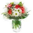Radiating with joyful vibrancy, this bouquet channels the refreshing spirit of a spring morning in South Woodford, its lively coral carnations taking centre stage with ruffled petals full of movement and personality. Around them, bright white daisies with bold green eyes open wide like morning sunbursts across a garden, while clusters of white, multi-petalled chrysanthemums add depth and a gentle elegance. Wisps of baby's breath thread softly through the arrangement, mingling with the blooms to create an almost cloud-like lightness. Glossy broad leaves and slender green stems cradle the flowers, their varied greens adding a solid, earthy foundation that evokes the green spaces near Eagle Pond. A few closed magenta alstroemeria buds peek in from the side, an intimate hint of what's still to come. All the textures and colours are gathered in a transparent glass vase, the fresh green stems bright and visible beneath the surface of cool, clear water. Bathed in gentle, even lighting, this bouquet feels both joyful and soothing-perfect for gifting to mark a friend's new beginning, to brighten a room in South Woodford, or simply to celebrate life's everyday wins. Each blossom is a testament to the nuanced artistry of local florists and the cheerful vibe running through this welcoming neighbourhood.