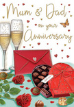 Warm, romantic anniversary card illustration depicting a table scene that feels both festive and intimate, as if set for a cherished Mum & Dad celebration somewhere off George Lane in South Woodford. Prominently placed are two tall champagne flutes, clear and slender, standing so close that their rims almost lean toward one another. They are filled with softly sparkling golden champagne, the fine bubbles rising like tiny strands of light, capturing that perfect pause before a meaningful toast. Just below, a heart-shaped box of chocolates takes centre stage, its vivid red lid opened to show an inviting selection of truffles, each one rounded, gleaming, and carefully set into its little compartment. A lush, dramatic red bow wraps across the box, the satin ribbon folding into rich curves that suggest thoughtfulness and care. Resting beside this are two sumptuous red roses, their petals deep ruby and velvety, layered in concentric circles, framed by fresh green foliage that echoes the craftsmanship of a florist's anniversary bouquet delivered across South Woodford. Scattered above and around, golden and crimson hearts drift through the design, softening the background and drawing the eye toward the affectionate Mum & Dad lettering. Off to one side, a bright scarlet envelope lies neatly closed, hinting at a handwritten note brimming with thanks, memories, and devotion. The lighting in the scene feels soft and glowing, as though cast by nearby lamps on a cosy evening, giving the glass, ribbon, and roses a subtle sheen. Altogether the image radiates celebration, tenderness, and the joy of marking another year in a shared journey of marriage and family life.